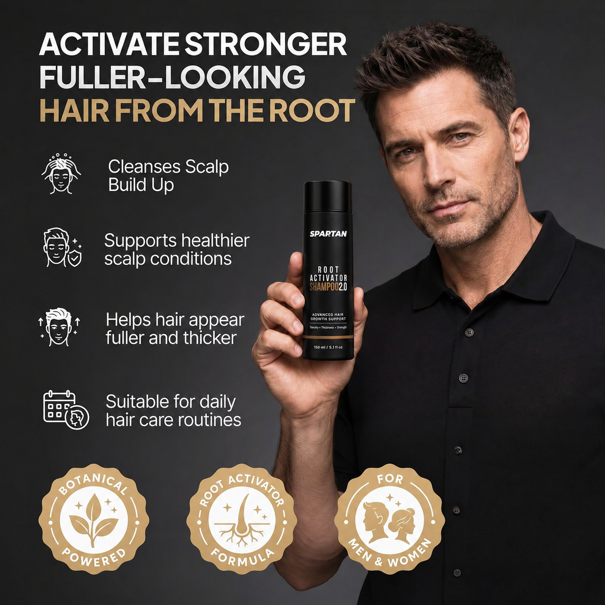 Hair Growth Shampoo for Men - Thinning Hair & Hair Loss Shampoo with Ginseng, Peppermint & Menthol, Natural Scalp Root Activator for Thicker Fuller Hair, 144g | SPARTAN